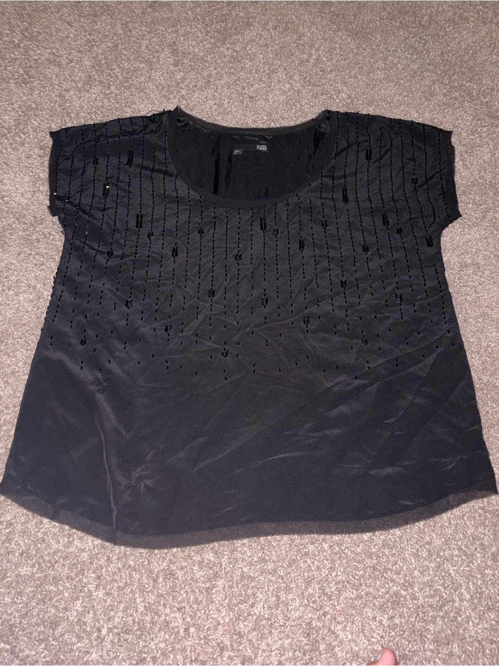 Eileeen Fisher Women's Black 100% Silk Beaded Front Short Sleeve Lined Blouse XL